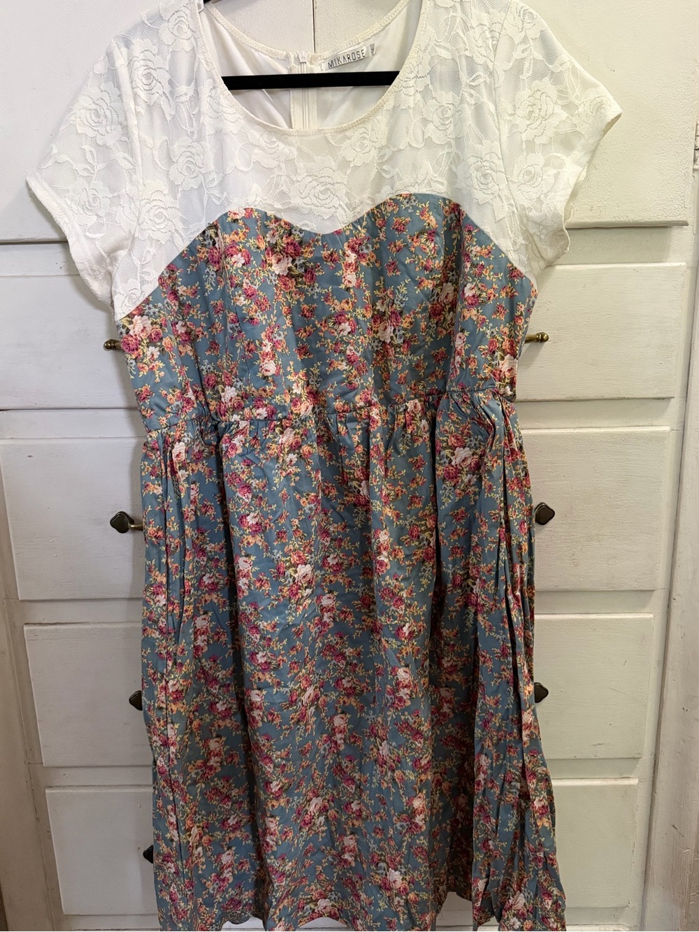 Mikarose White Lace Top with Blue Floral Skirt Kids Dress
